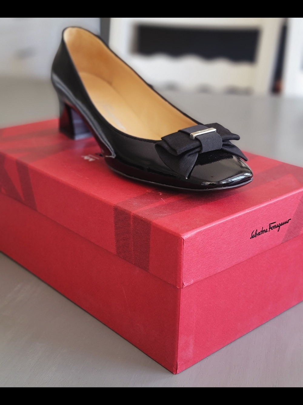 Salvatore Ferragamo My Muse Black Printed Calf Bow Block Heels Size 9 M